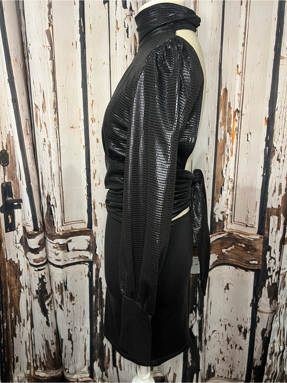 AKIRA Black Long-Sleeve High-Neck Ruched Mini Dress - Picture 4 of 9